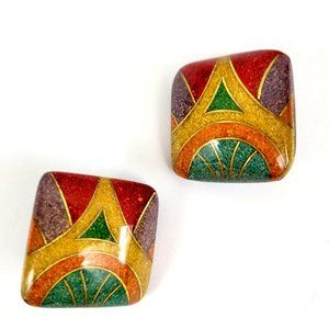 Large Cloisonné Vintage Clip On Earrings Green Red Yellow Orange Gold Tone